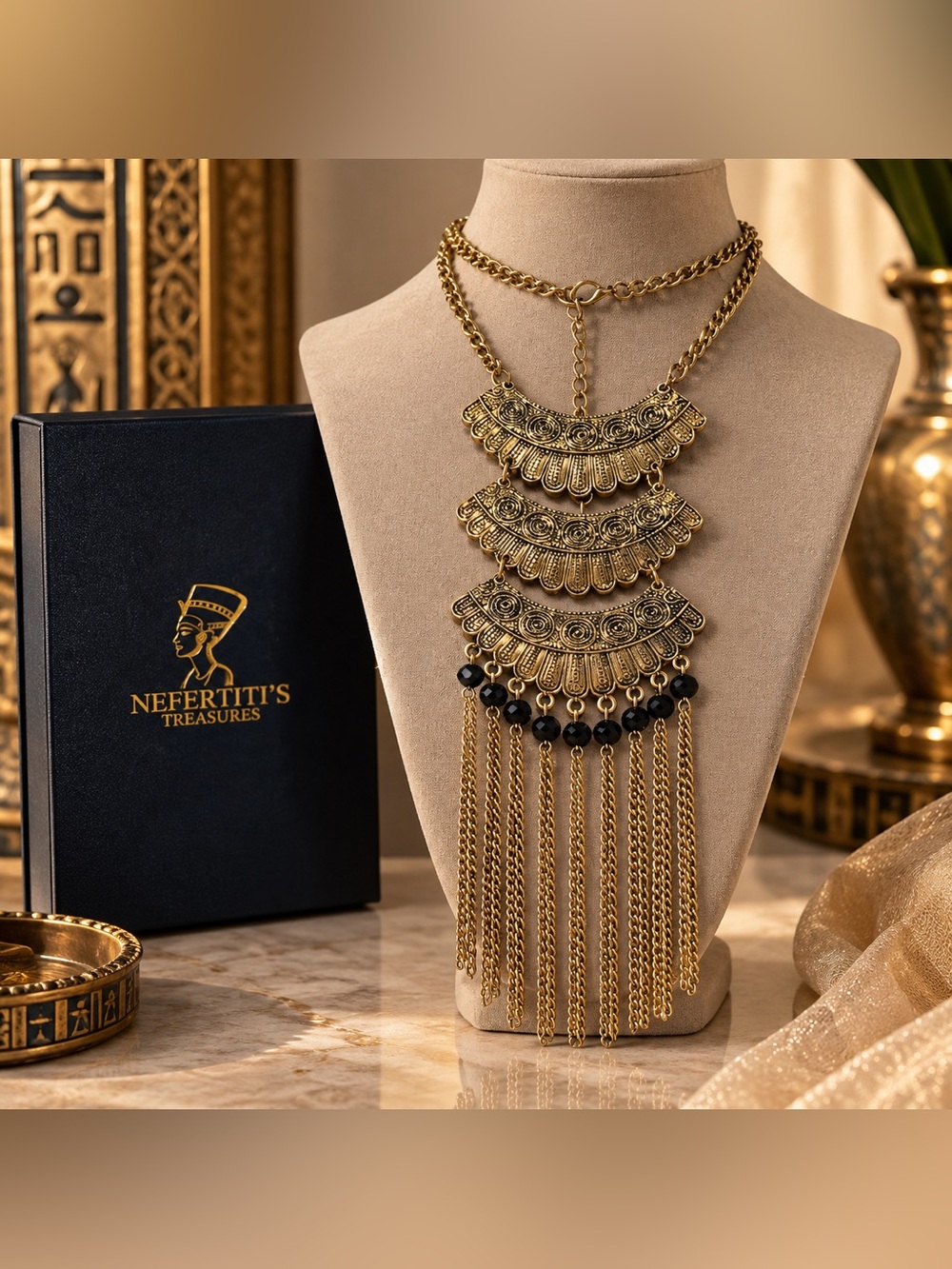 Nefertiti’s Treasures Egyptian Revival Gold Tone Fringe Bib Necklace